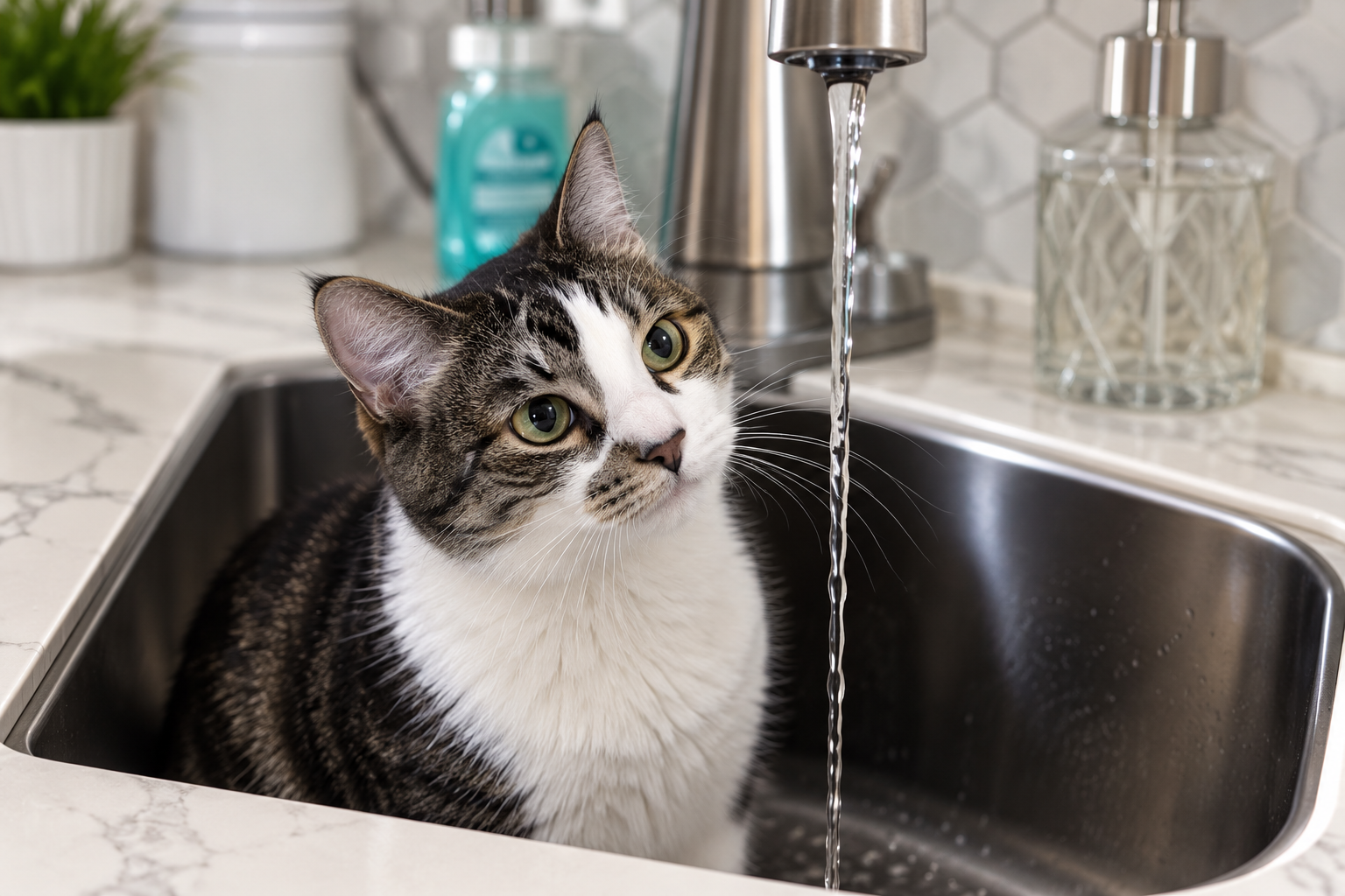 Cat drinking from a faucet in a kitchen sink