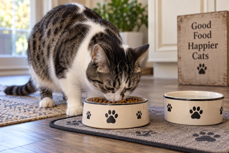 Tabby and white cat eating dry food from a bowl