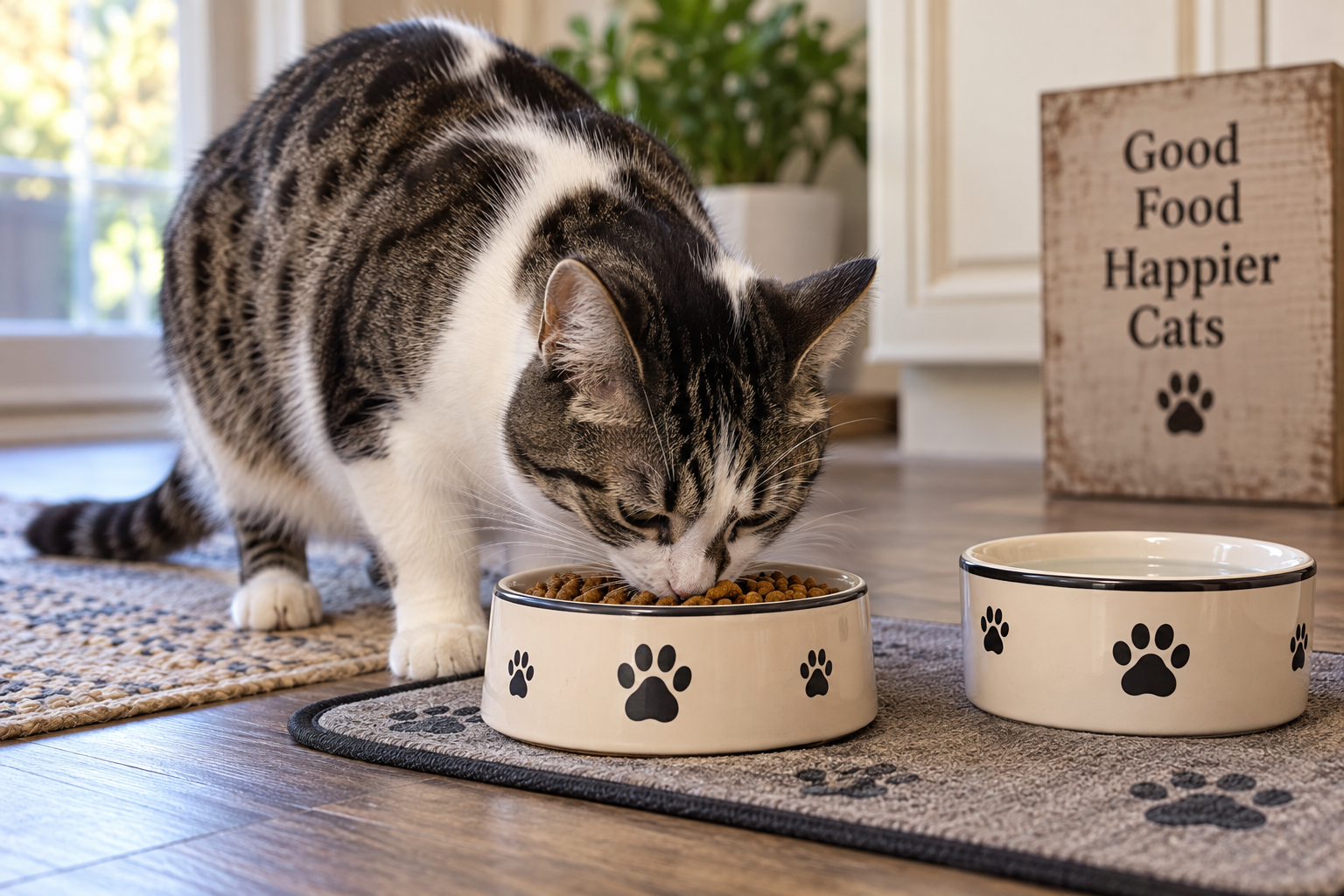 Tabby and white cat eating dry food from a bowl