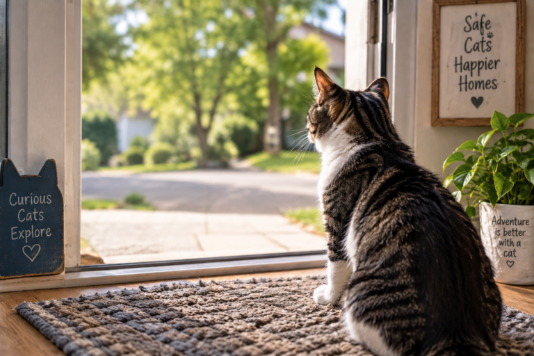 Tabby-and-white cat sitting by an open door and looking outside